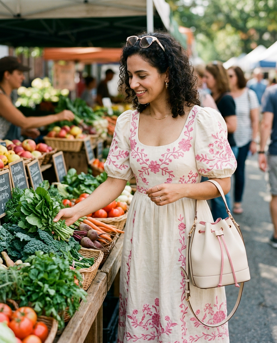 Woman browsing a farmers market produce stall